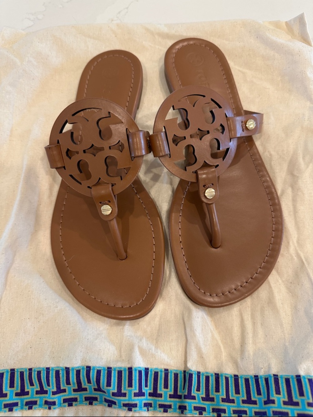 Tory Burch Miller Sandals Vintage Vachetta Calf Leather Size 7.5